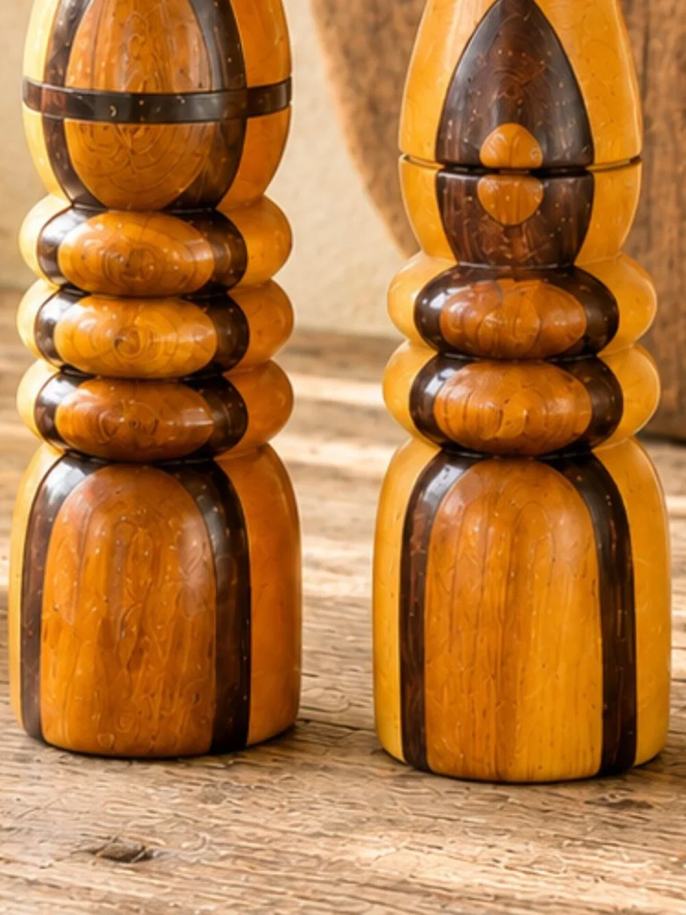 Rare Vintage Signed Sculptural Handcrafted Artisan Wood Salt & Pepper Mill Set